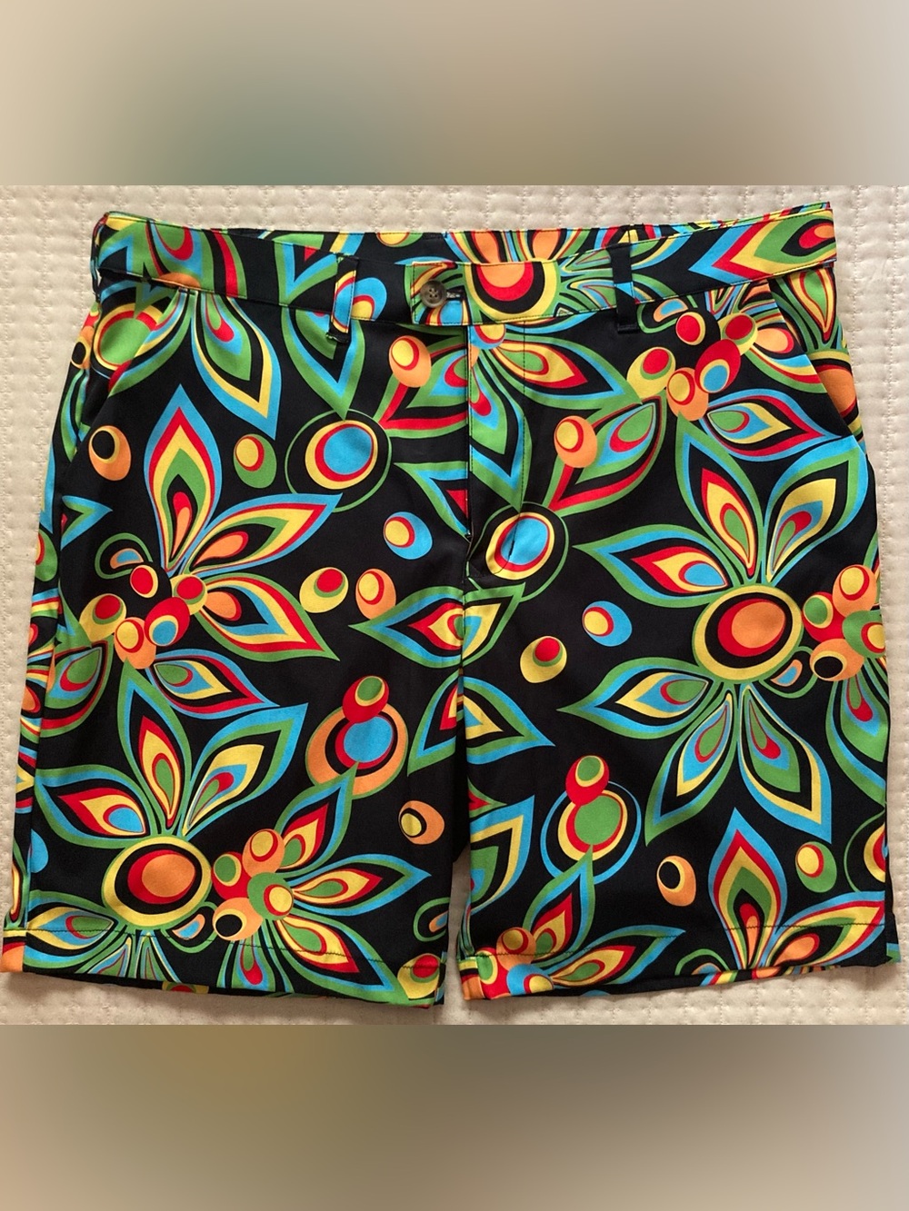 Loudmouth Golf Shorts Mens 38 Black Multicolor Bright Floral Retro Hippie 9”